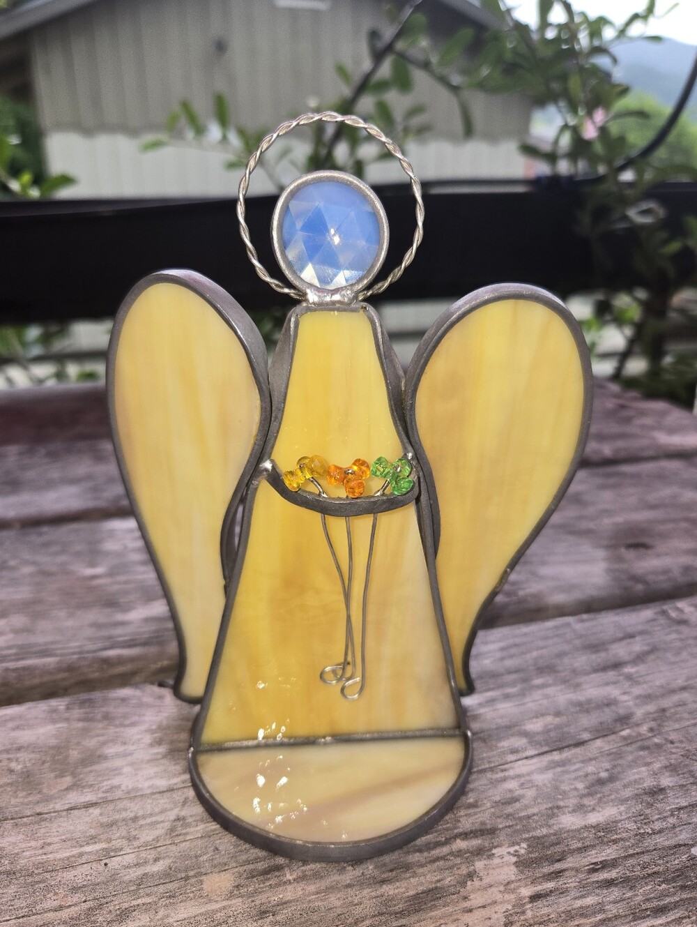 Vintage Stained Glass Angel Holding Bead Flowers